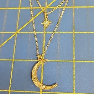 Double Strand Gold Tone Moon & Star Rhinestone Accented Necklace